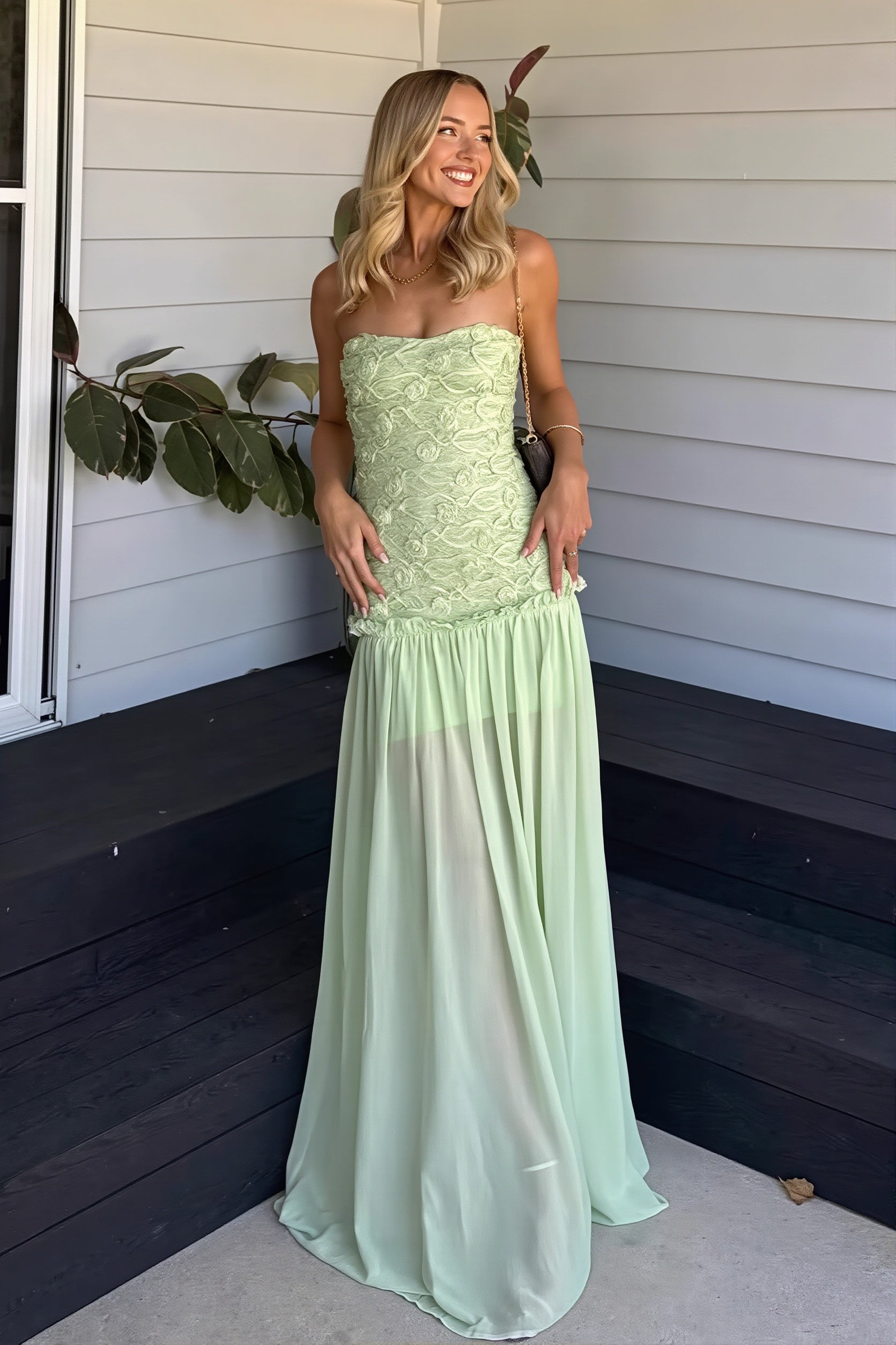 Floral Strapless Chiffon Maxi Wedding Guest Dress – Veloire