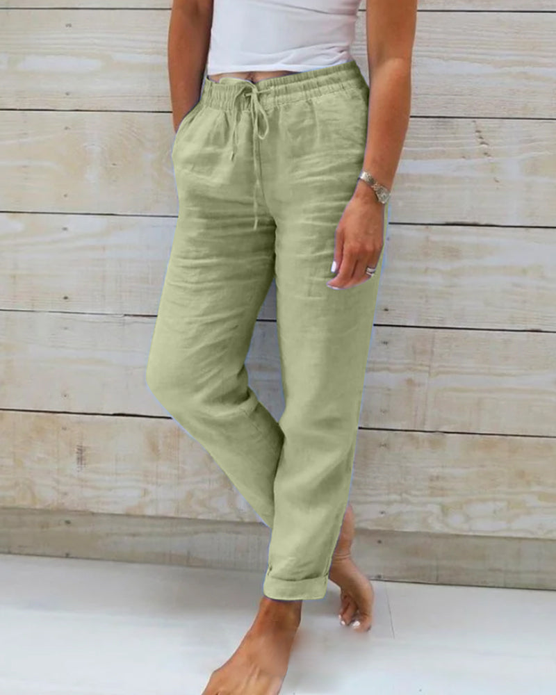 Green cotton elastic-waist trousers