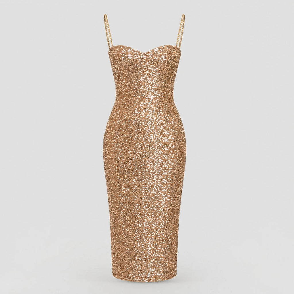 Robe de soirée midi scintillante à bretelles dorées pour femmes