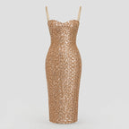 Robe de soirée midi scintillante à bretelles dorées pour femmes