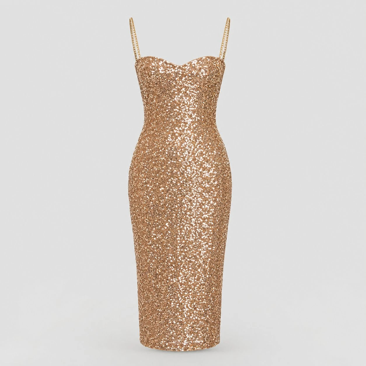 Robe de soirée midi scintillante à bretelles dorées pour femmes