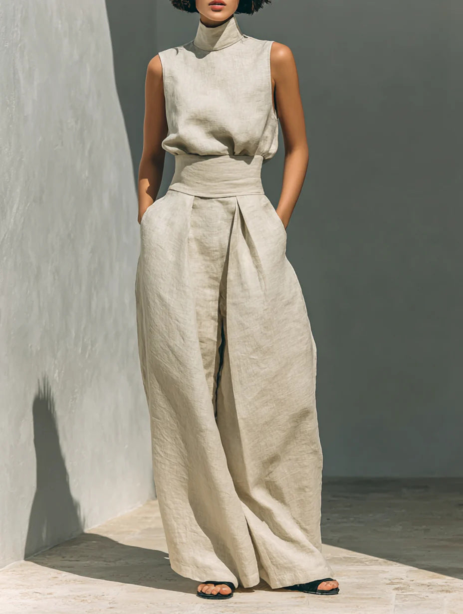 Mock-Neck Sleeveless Wide-Leg Trouser Set for Summer