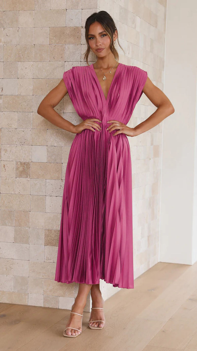 Pleated V-Neck Maxi Dress for Summer Weddings