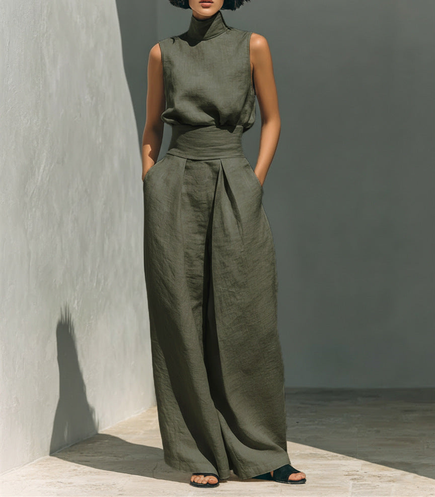 Mock-Neck Sleeveless Wide-Leg Trouser Set for Summer