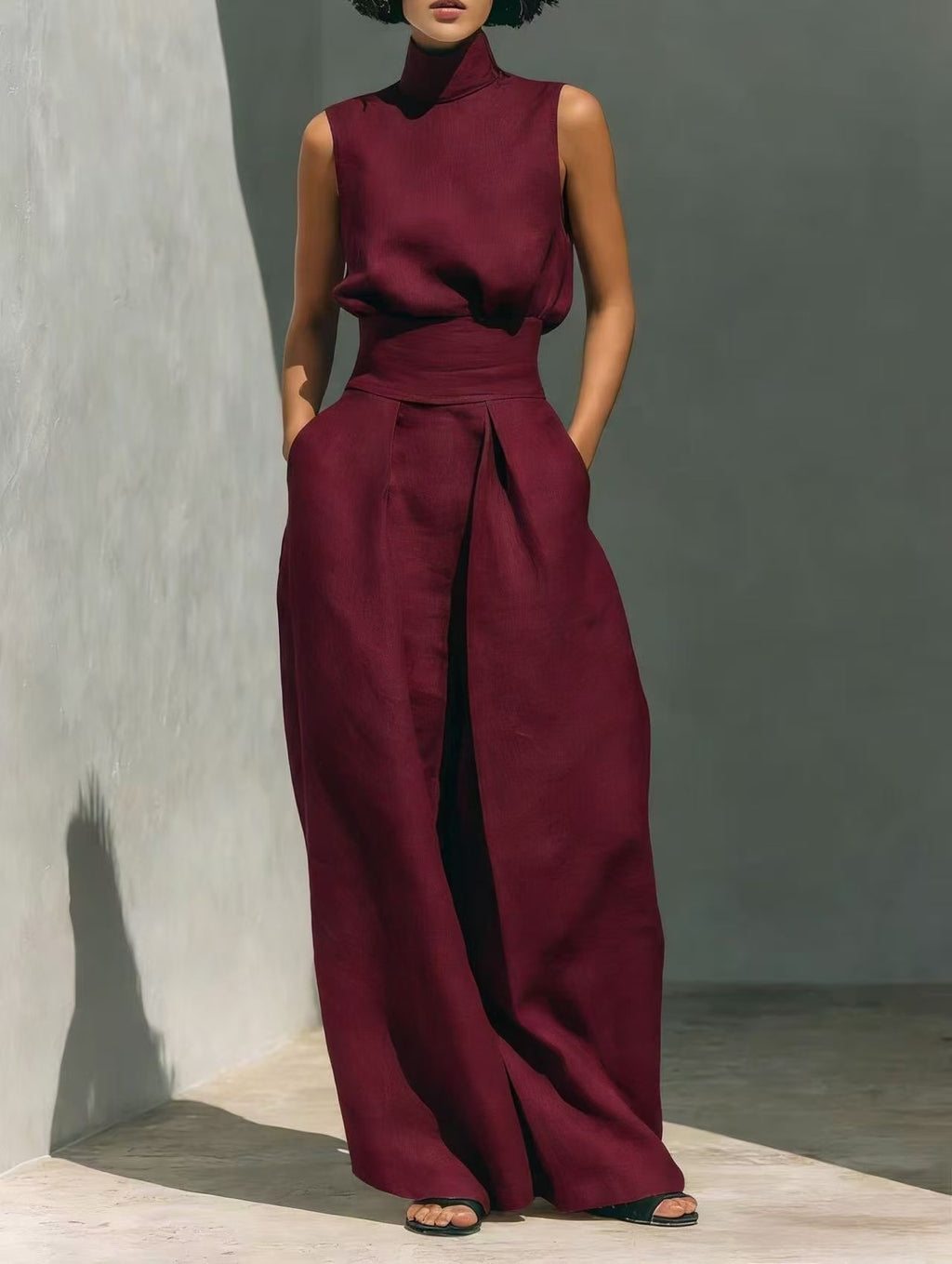Mock-Neck Sleeveless Wide-Leg Trouser Set for Summer
