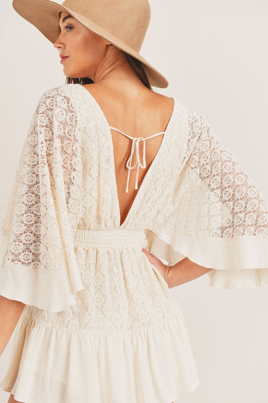 Cream lace crochet romper detail