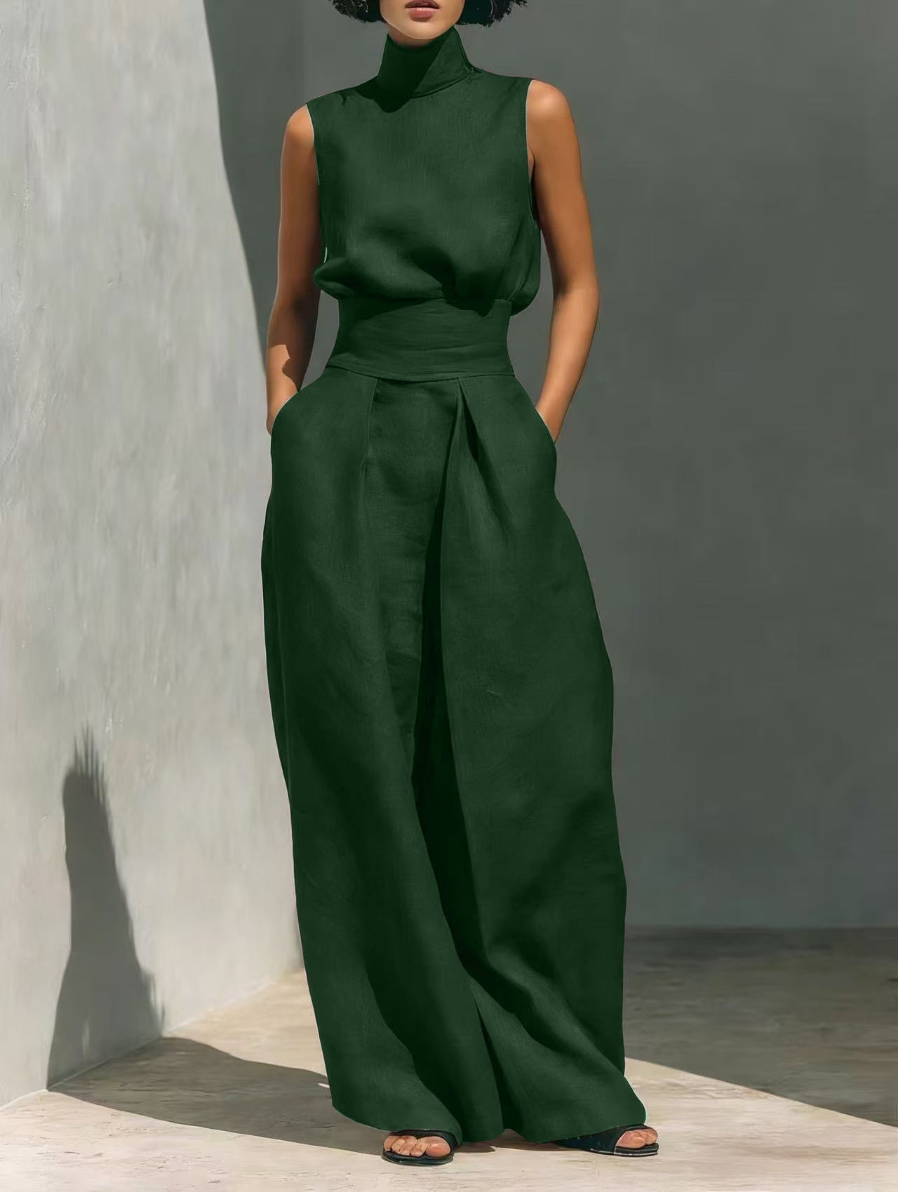 Mock-Neck Sleeveless Wide-Leg Trouser Set for Summer