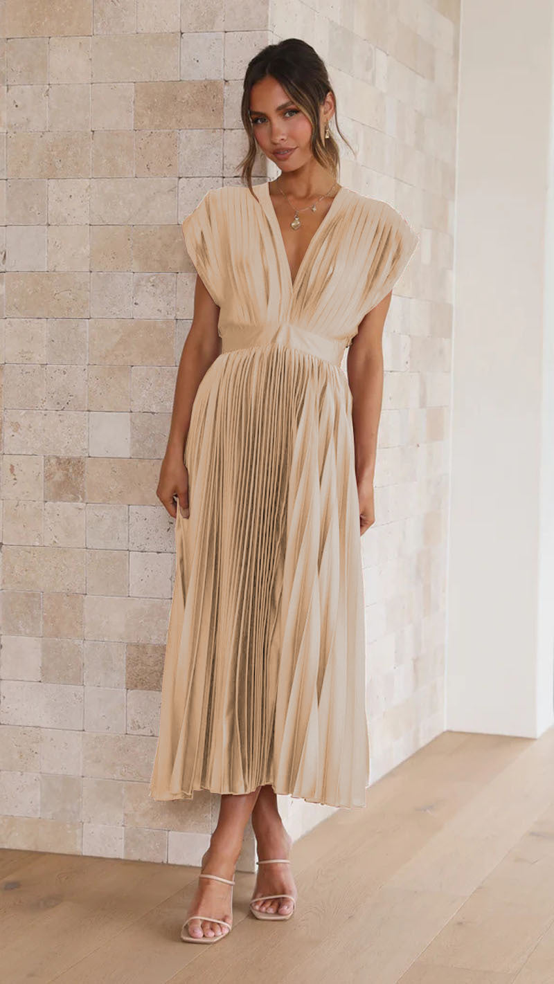Pleated V-Neck Maxi Dress for Summer Weddings