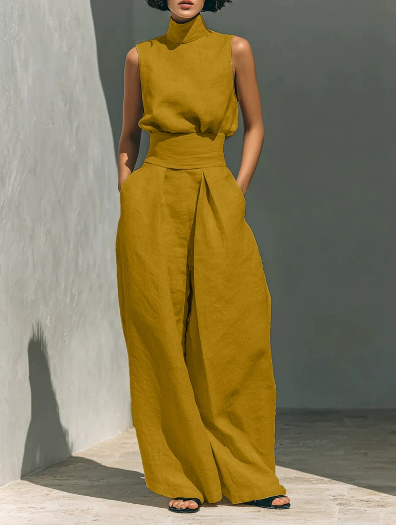 Mock-Neck Sleeveless Wide-Leg Trouser Set for Summer