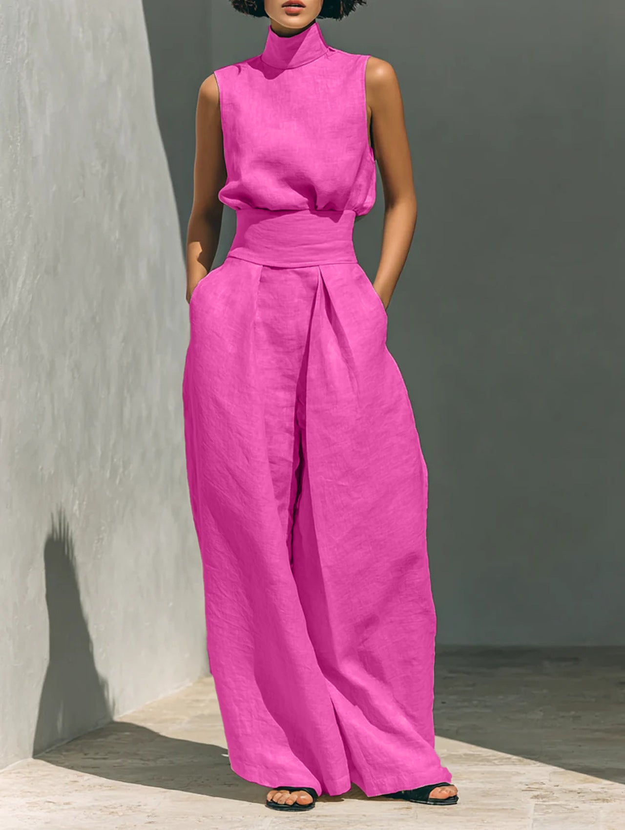 Mock-Neck Sleeveless Wide-Leg Trouser Set for Summer