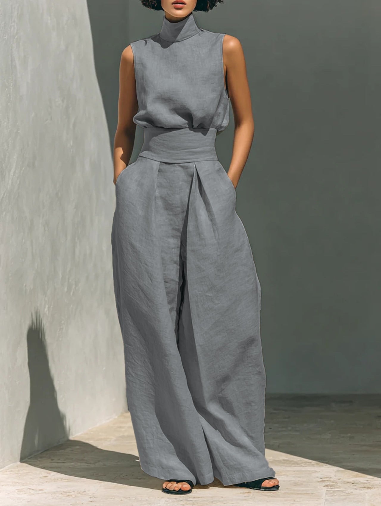 Mock-Neck Sleeveless Wide-Leg Trouser Set for Summer
