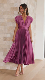 Pleated V-Neck Maxi Dress for Summer Weddings