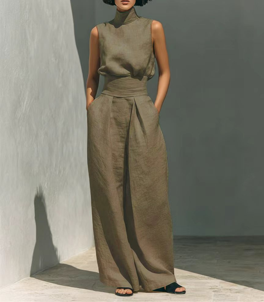Mock-Neck Sleeveless Wide-Leg Trouser Set for Summer