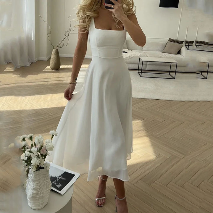 Fitted Square Neck Midi Dress - White