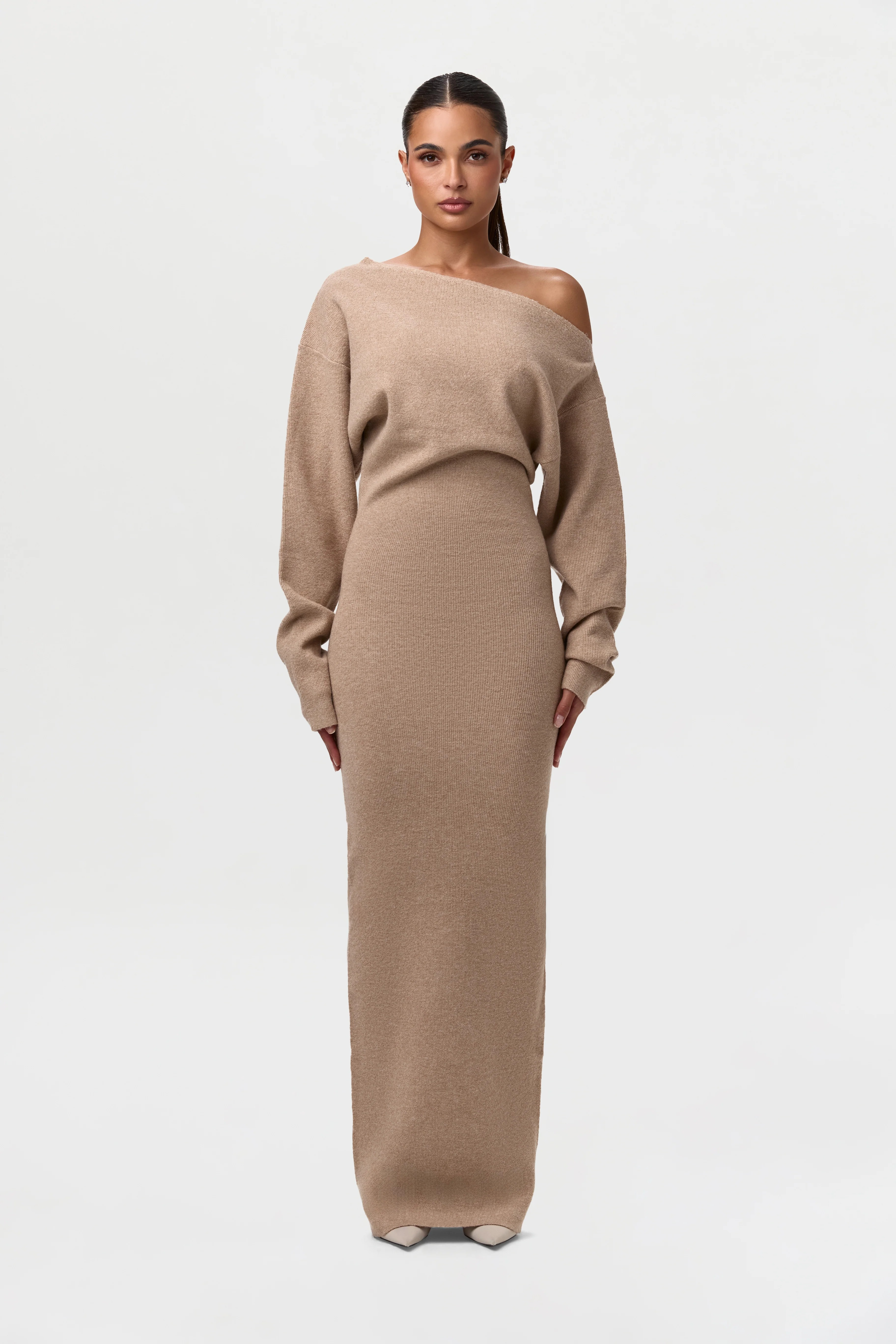 Off-shoulder knit maxi dress in Light Brown