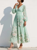 Light green floral midi dress back view