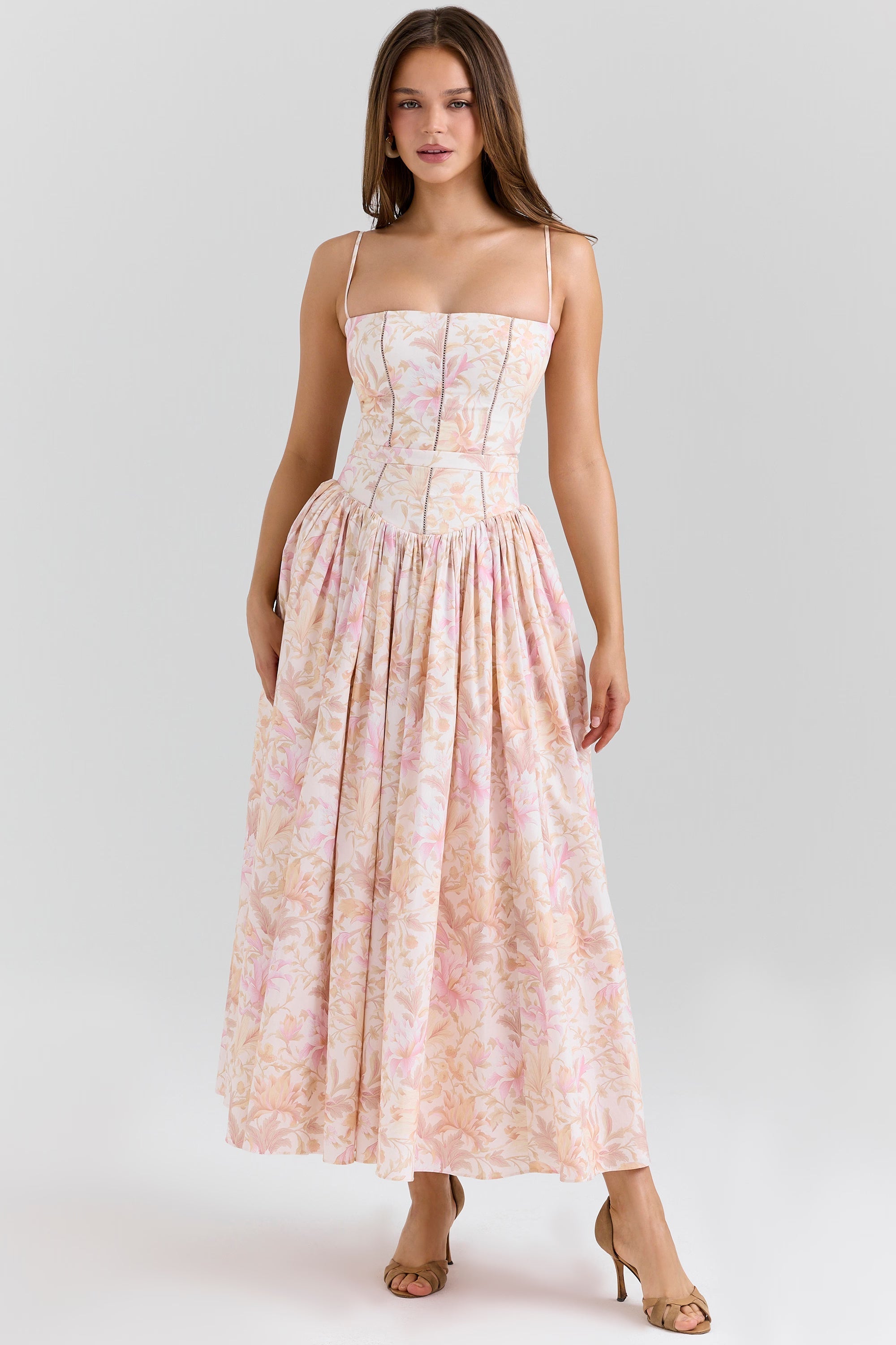 Corset midi dress in Peach Floral Print