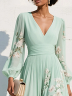 Light green floral v-neck midi dress side
