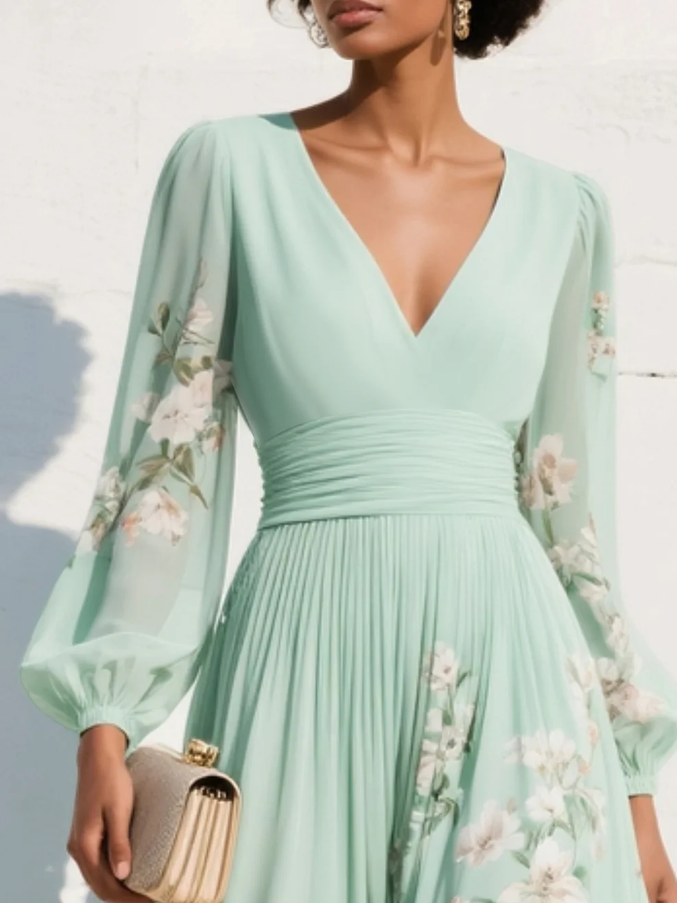 Light green floral v-neck midi dress side