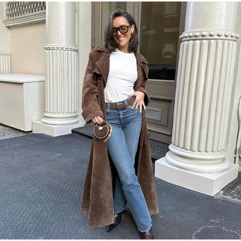 Trench Coat Longline Suede Belted for Autumn