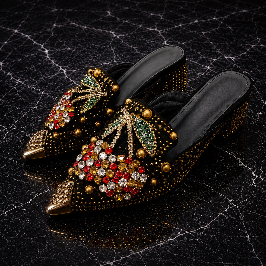 Crystal cherry heels side view