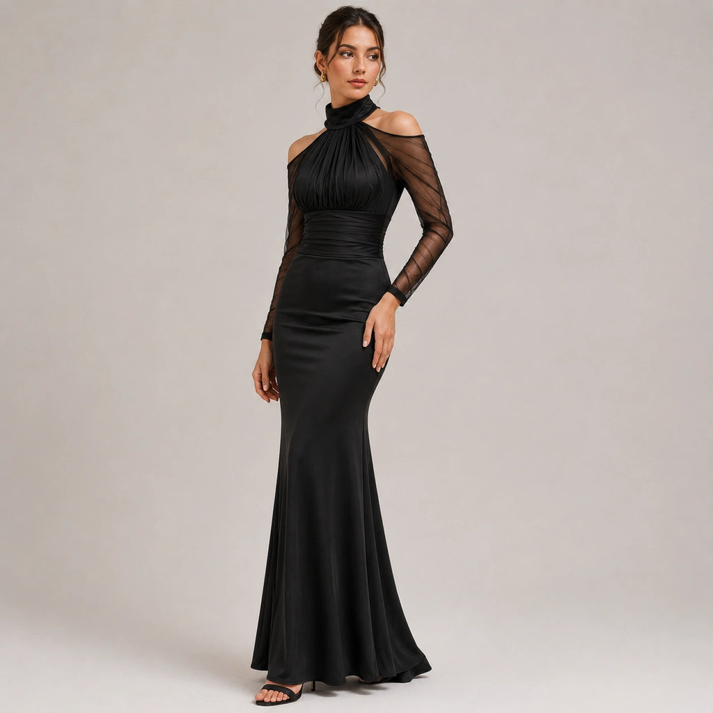 Robe de soirée à col montant froncé pour femmes, épaules dénudées