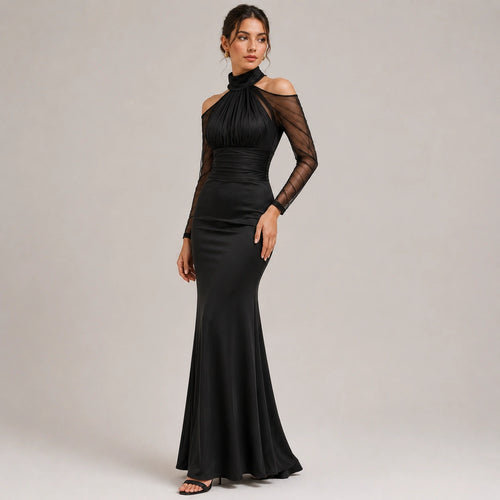 Women's High Neck Ruched Gown Cold Shoulder Evening