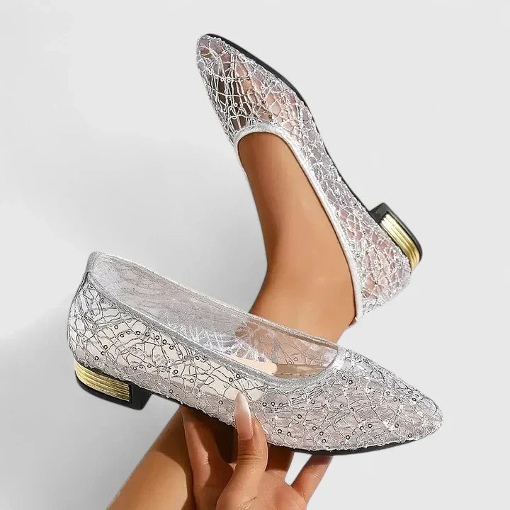 Pointed toe studded ballet flats in silver