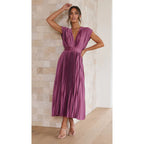 Pleated V-Neck Maxi Dress for Summer Weddings