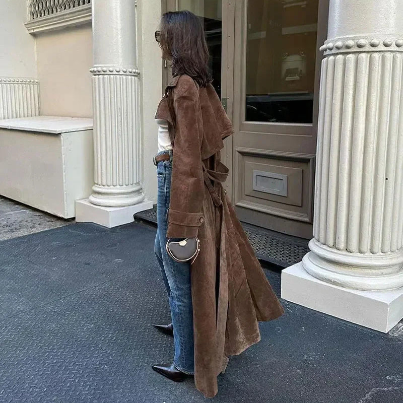 Trench Coat Longline Suede Belted for Autumn