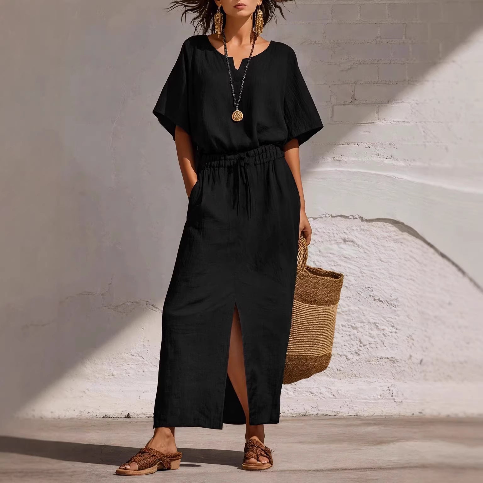 Short-Sleeve V-Neck Two-Piece Midi Set for Summer