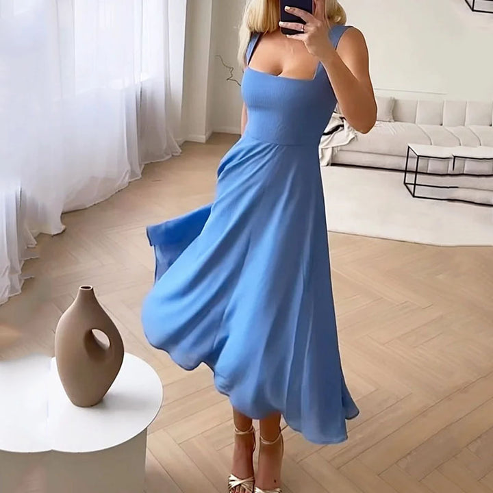 Fitted Square Neck Midi Dress - Blue