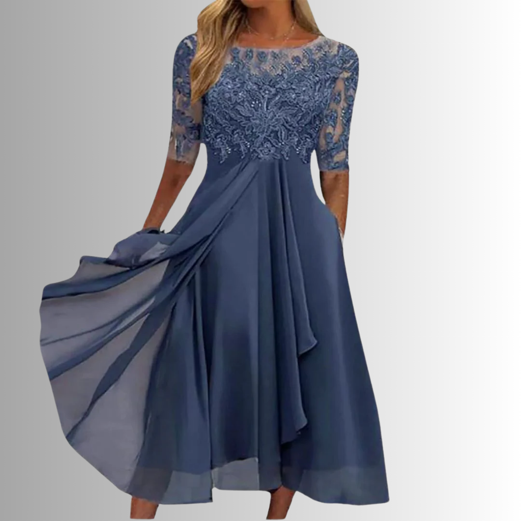 Lace bodice long sleeve maxi dress in blue