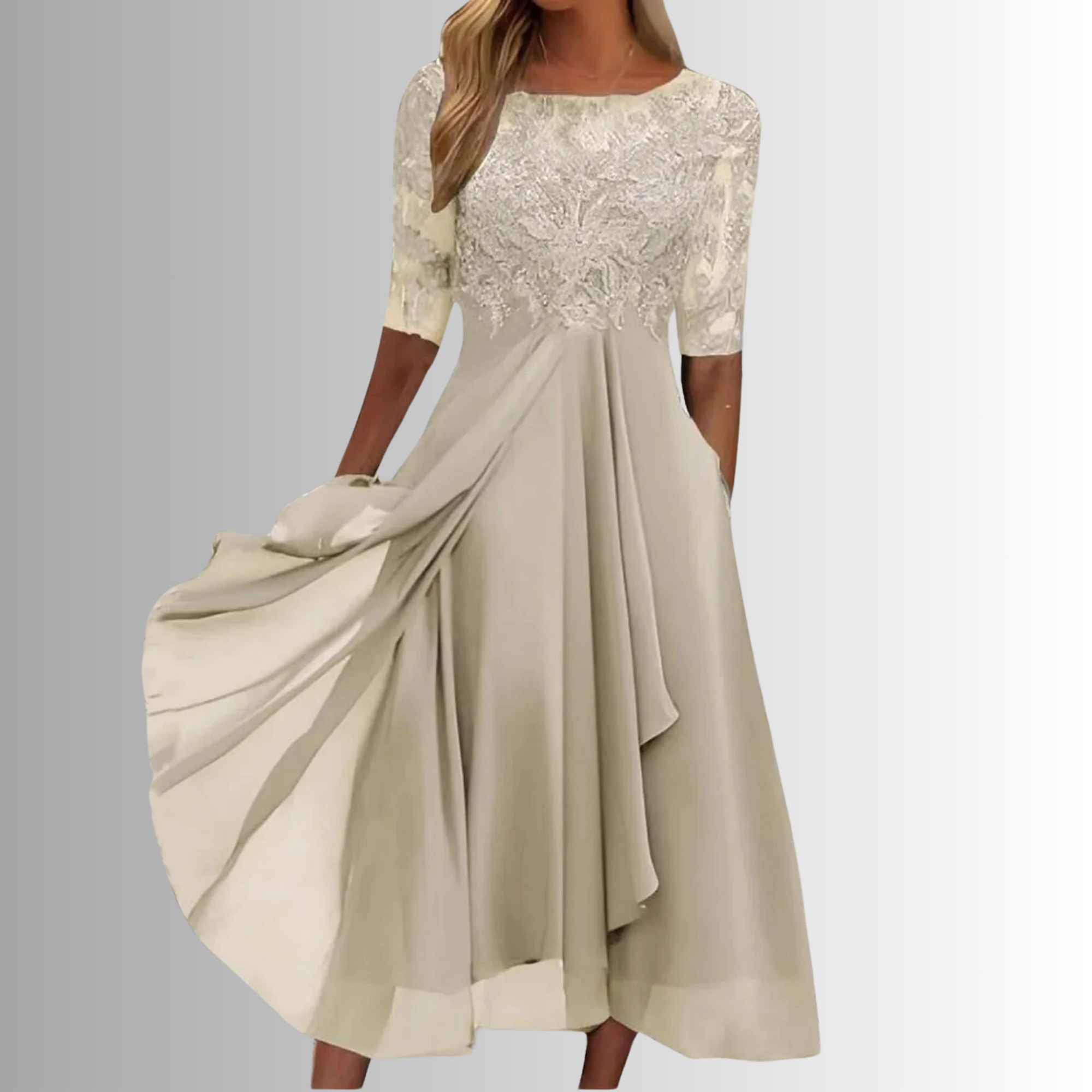 Lace bodice long sleeve maxi dress in cream