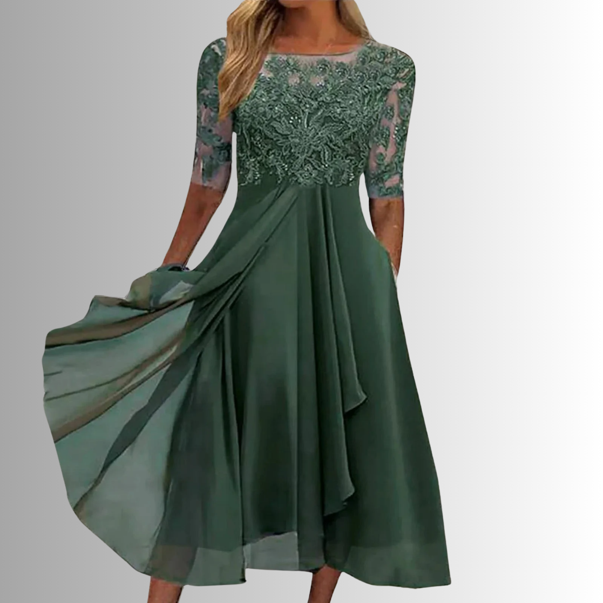 Lace bodice long sleeve maxi dress in green