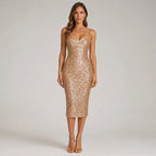 Robe de soirée midi scintillante à bretelles dorées pour femmes