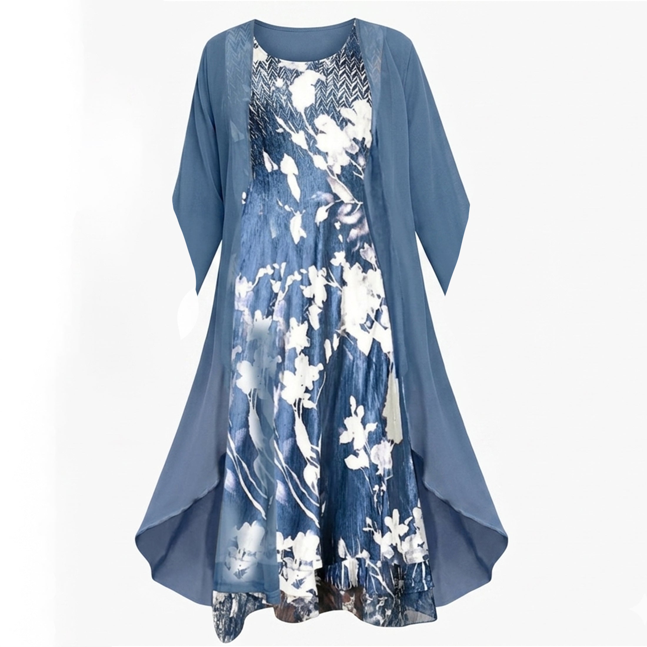 Women's Floral Chiffon Midi Dress Cardigan Set