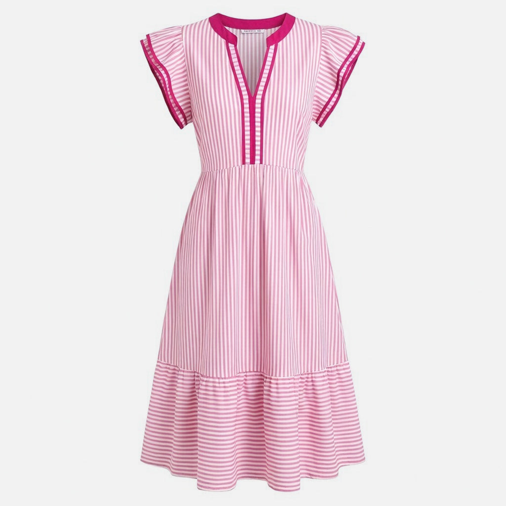 Robe midi à rayures pour femmes, décolleté en V, été décontracté
