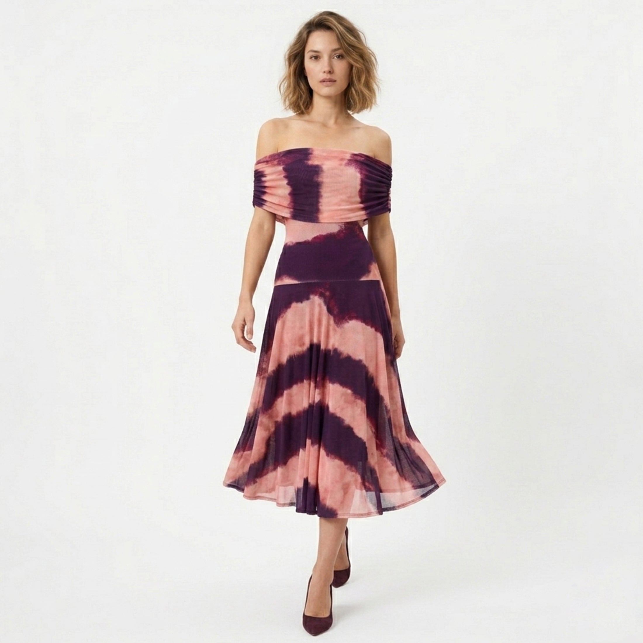 Robe midi froncée à épaules dénudées pour femmes été
