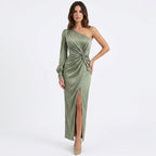 Green One-Shoulder Slit Maxi Dress Women