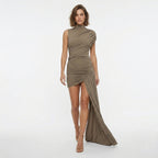 Robe Mini Femme Élégante à Col Montant Froncée