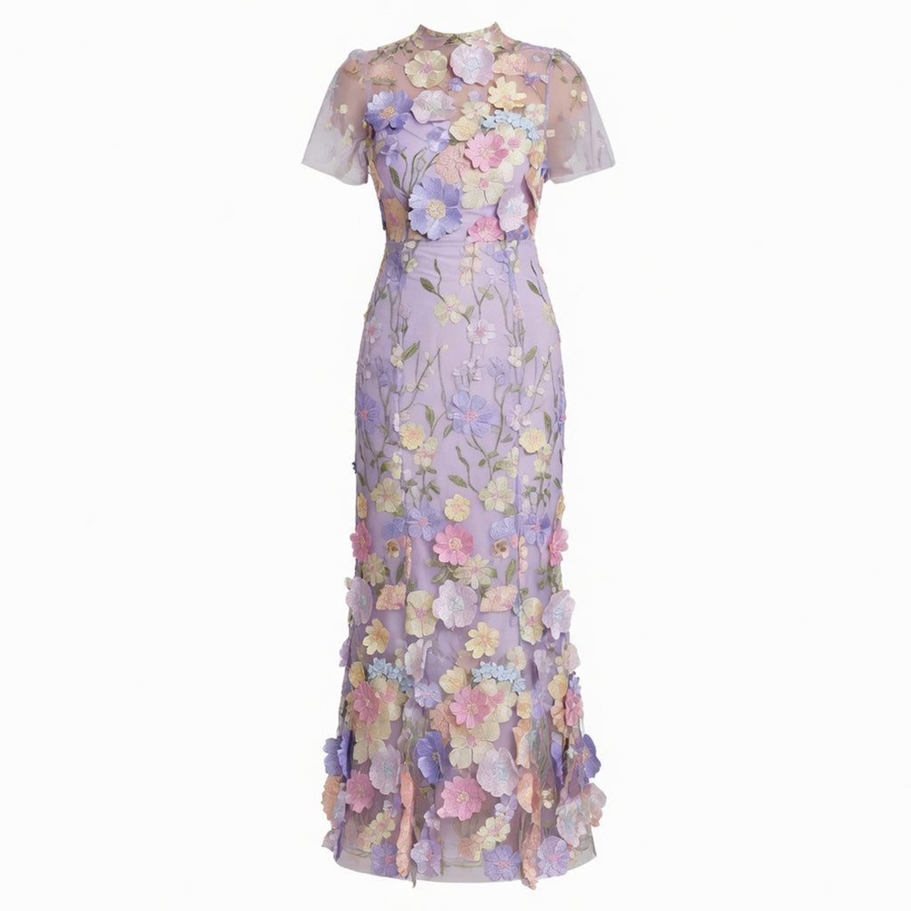 Robe Maxi à Col Montant avec Appliqué Floral Élégante pour Femme
