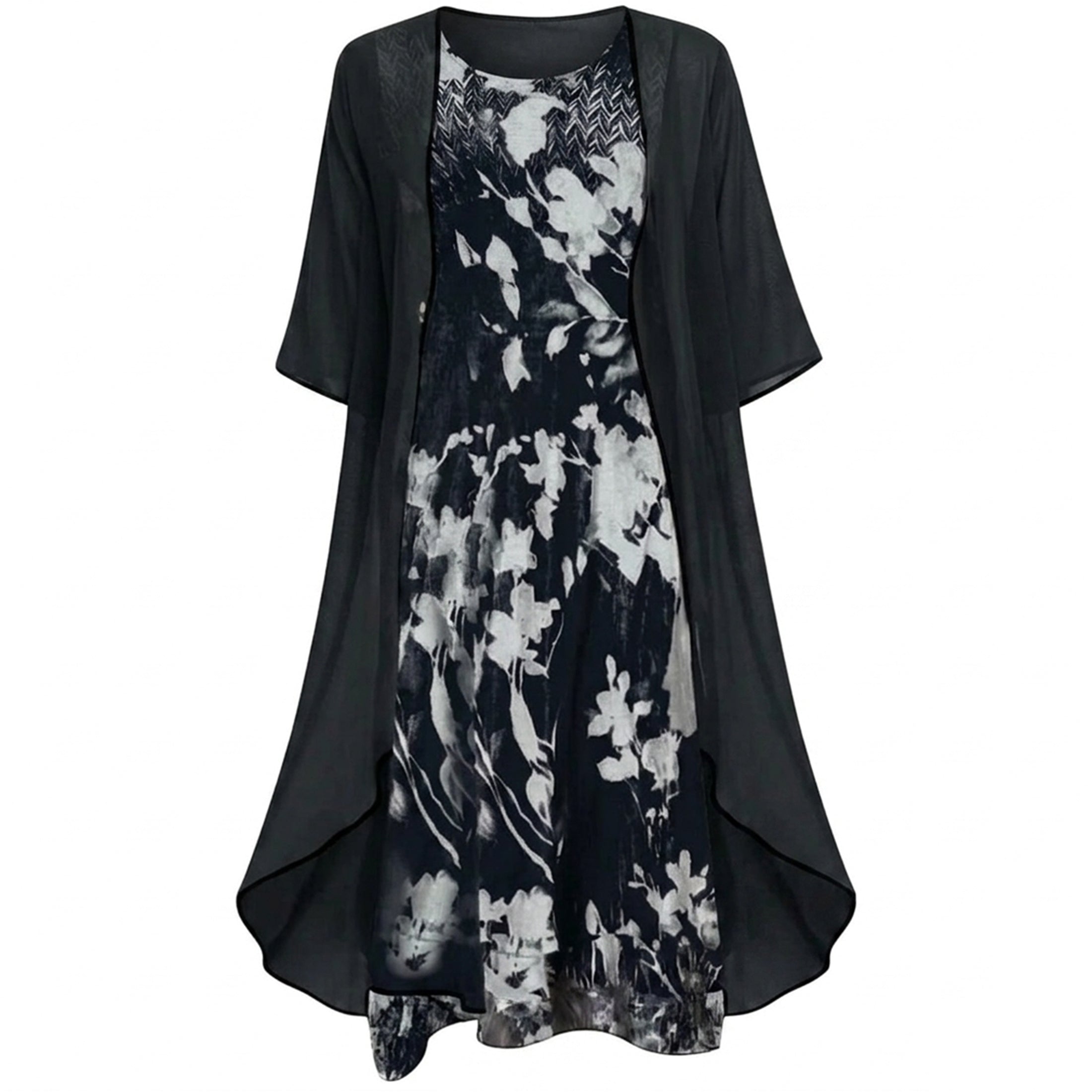 Women's Floral Chiffon Midi Dress Cardigan Set