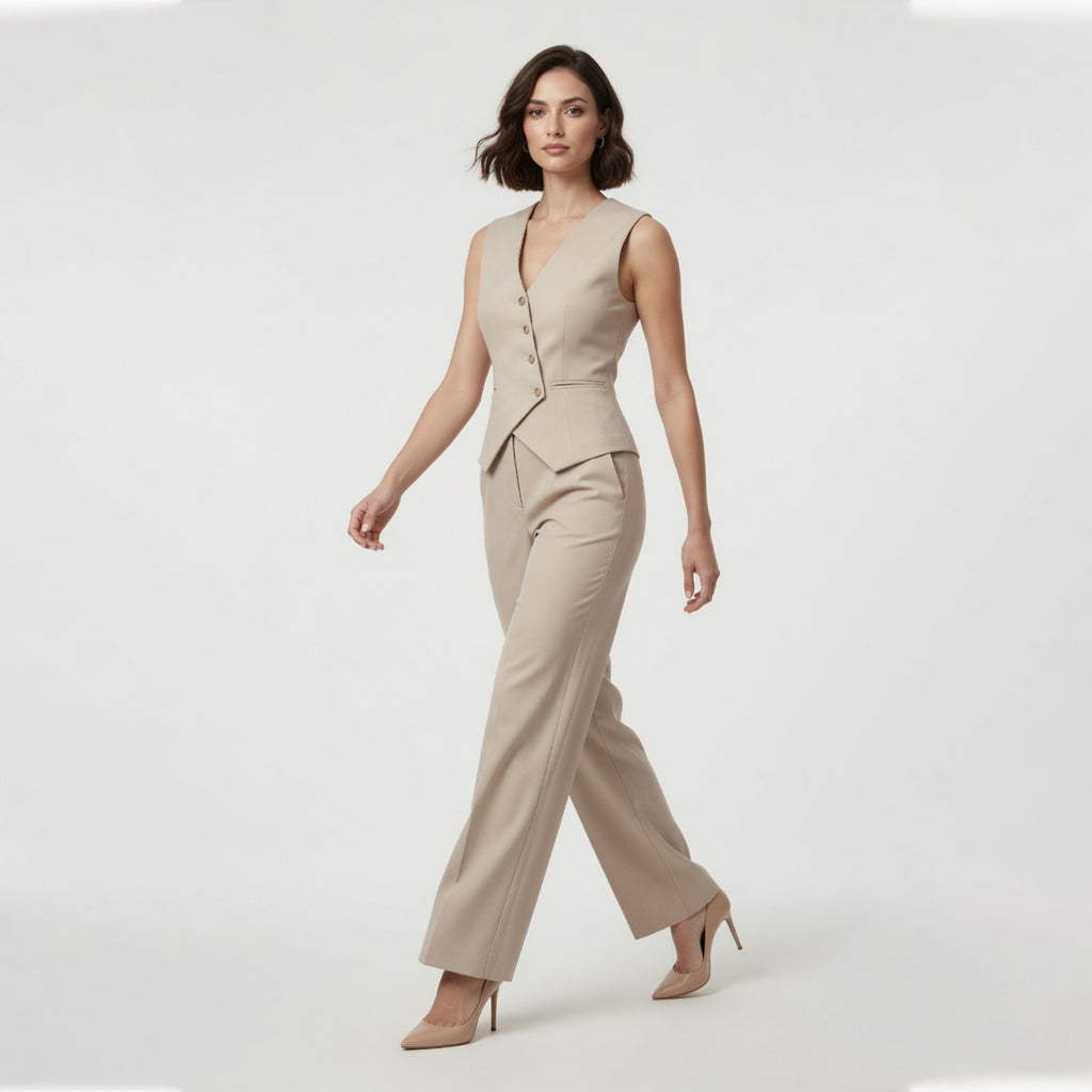 Ensemble de Pantalon Large à Taille Haute et Gilet à Col V Beige pour Femmes