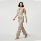 Ensemble de Pantalon Large à Taille Haute et Gilet à Col V Beige pour Femmes