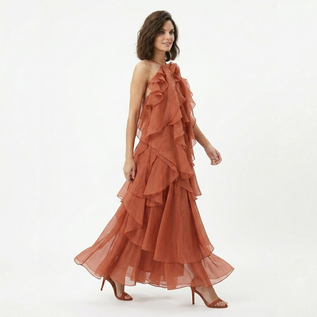 Robe maxi à volants à col halter élégante pour femmes