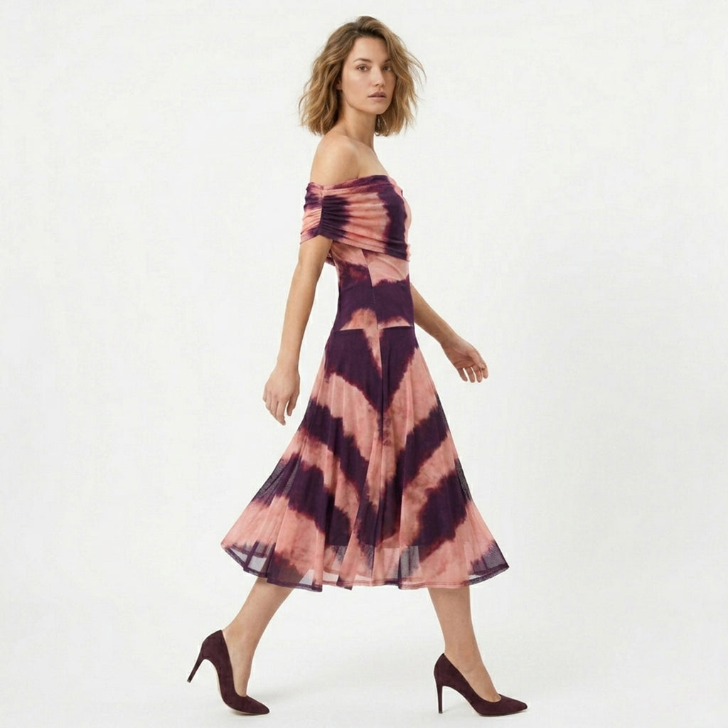 Robe midi froncée à épaules dénudées pour femmes été