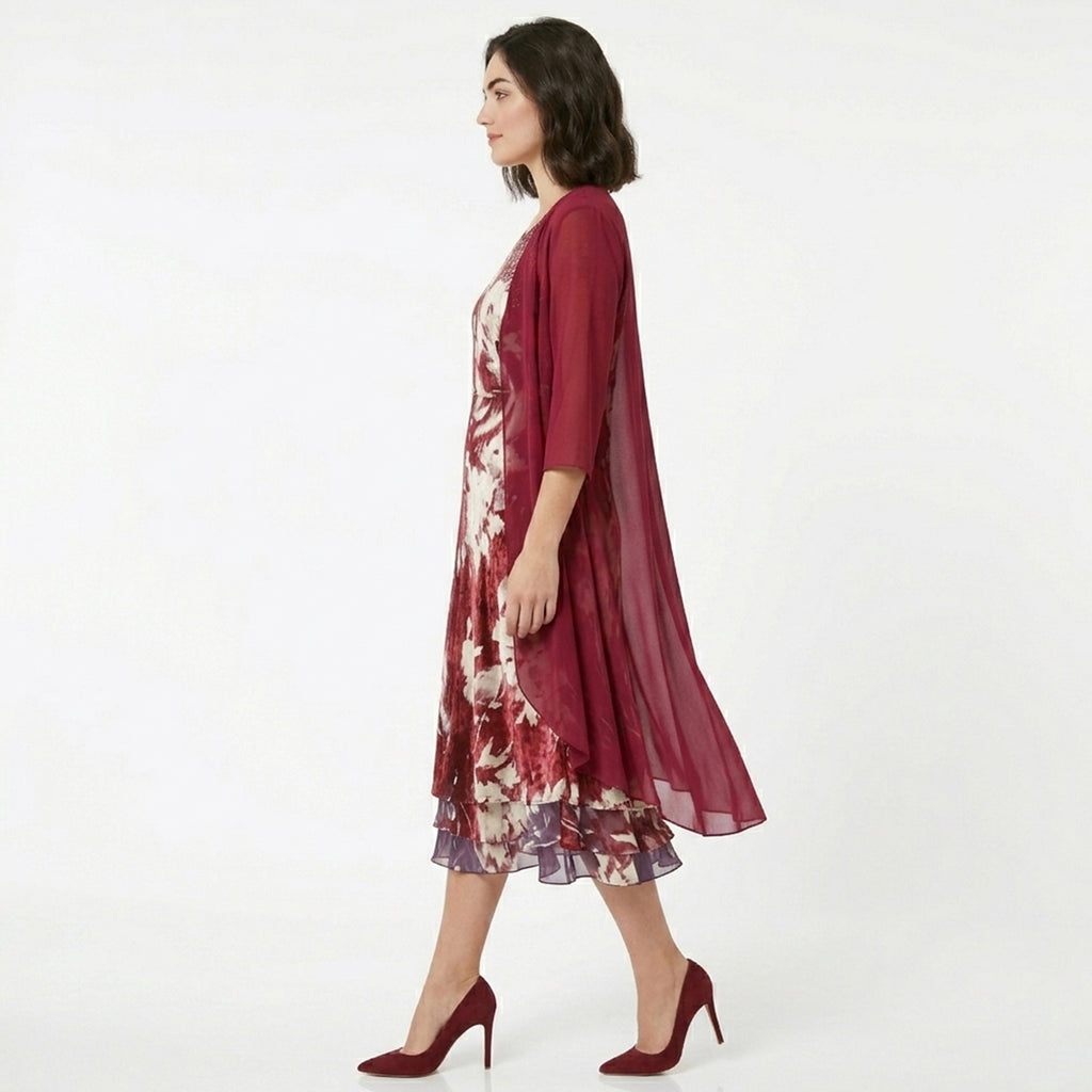 Ensemble de cardigan et robe midi en chiffon floral pour femmes