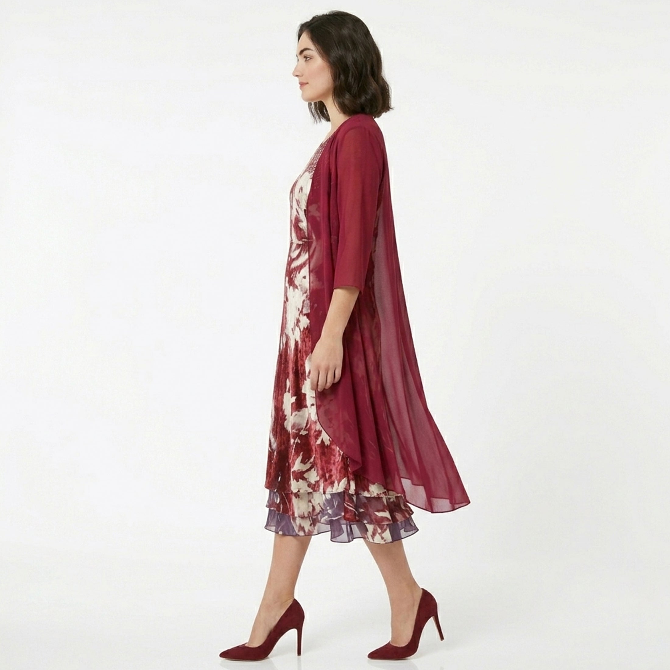 Ensemble de cardigan et robe midi en chiffon floral pour femmes