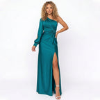 Robe Maxi Satin Épaule Dénudée Fente Invité de Mariage Femme